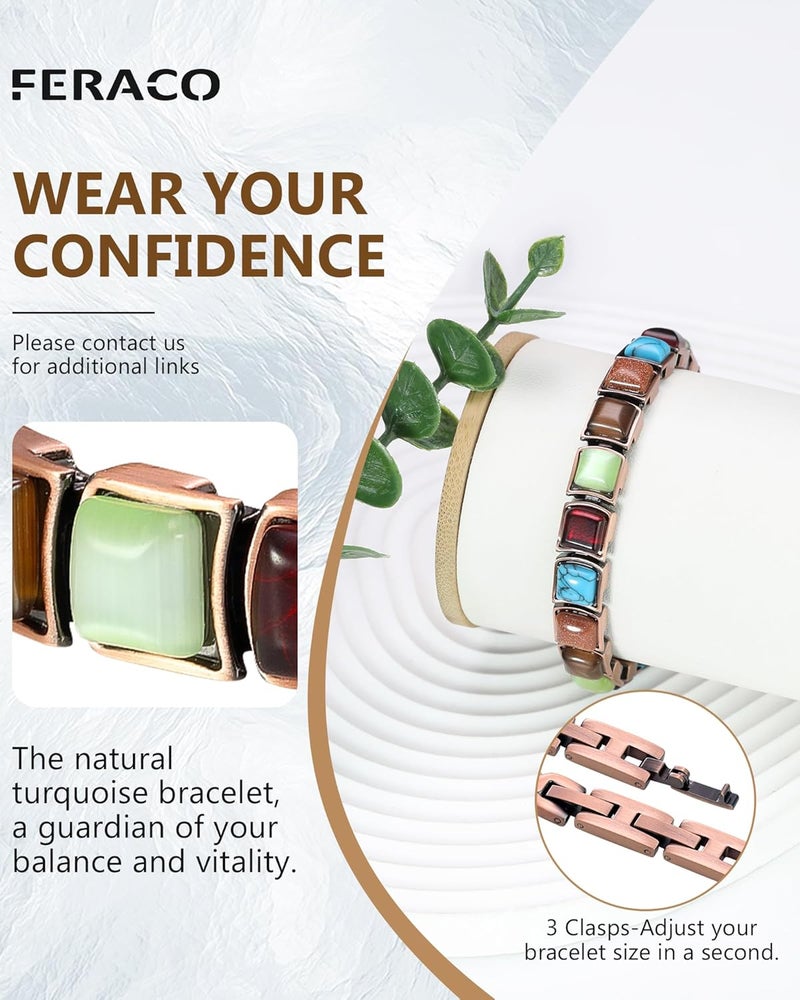 Feraco Pure Copper Bracelets for Women, Ultra Strength Magnetic Bracelet with 3800 Gauss Magnets & Natural Turquoise & Stones, Adjustable, Jewelry Gift - Image 5